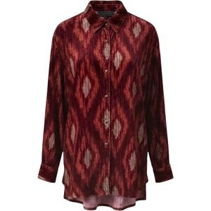 Double D Ranch Silk Blend Velvet Ikat Button Front Shirt Red Burgundy Size 1X